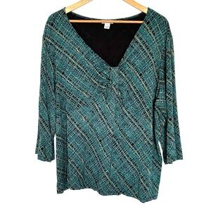 Bechamel Plus Shirt Women's 3X Teal Black Abstract Ruched Neck 3/4 Sleeve Top